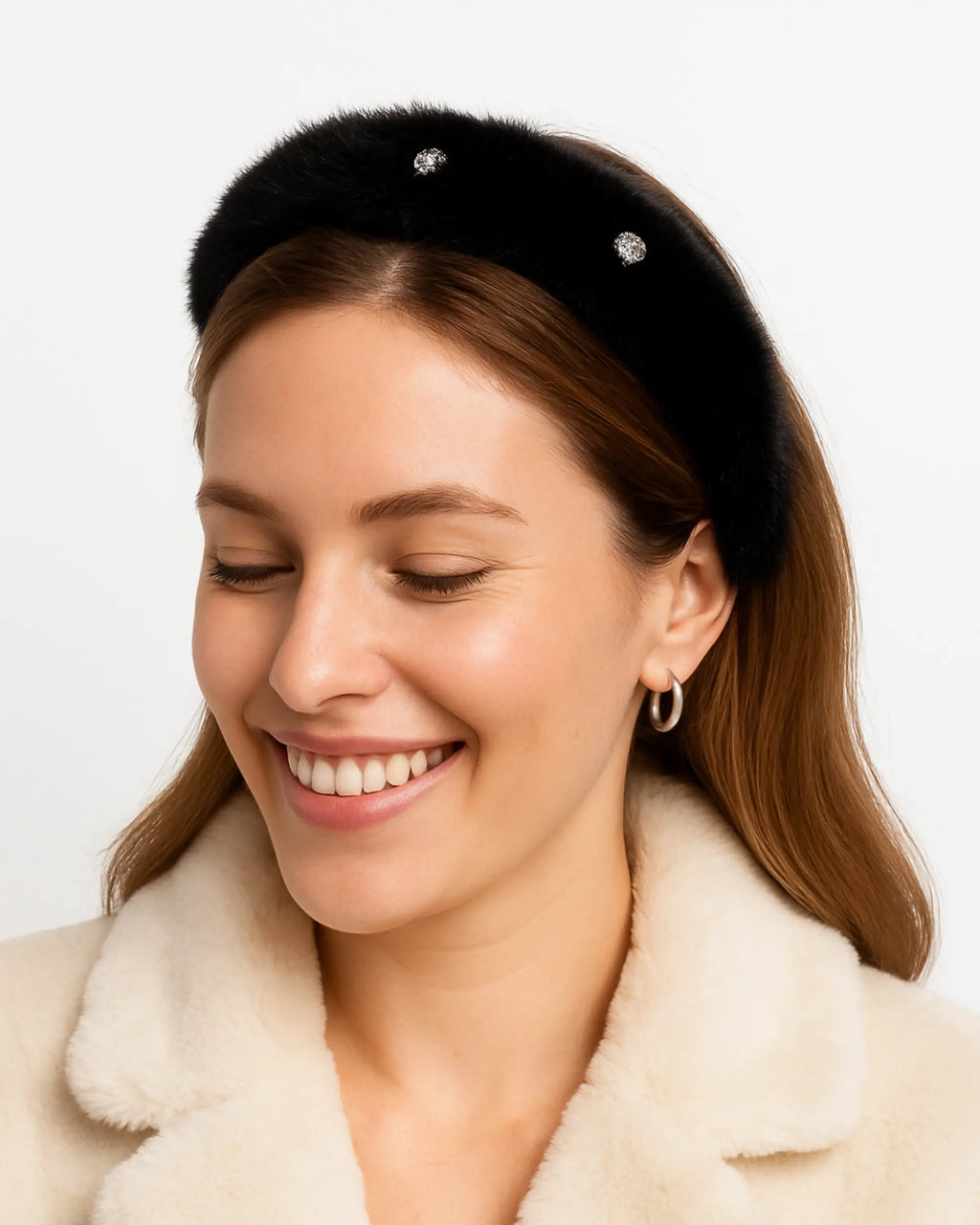 Faux Fur Crystal Headband for Women – Black Occasion Hair Accessory Angel & Co