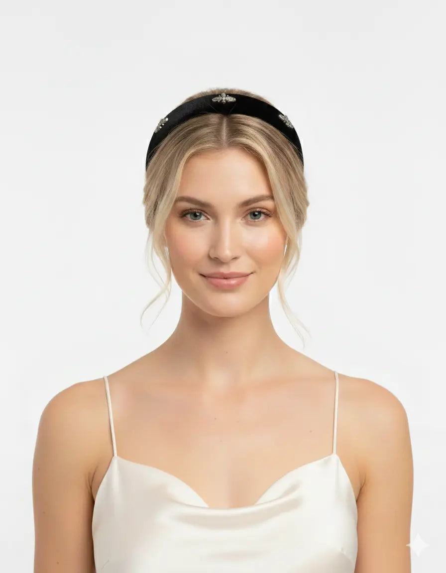 Velvet Headband for Women - Black Bee Embellished Hair Accessory Angel & Co