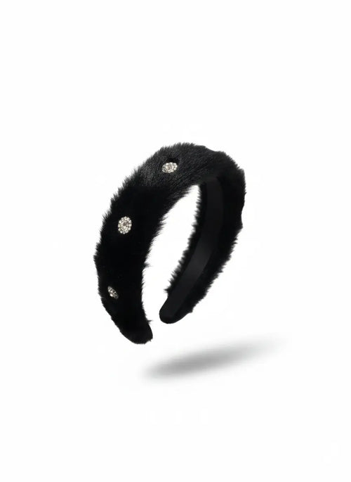 Faux Fur Crystal Headband for Women – Black Occasion Hair Accessory Angel & Co